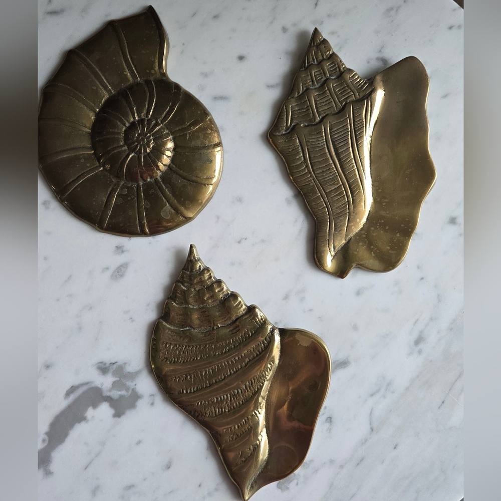 Vintage Set of Three Solid Brass Seashells Wall Decor